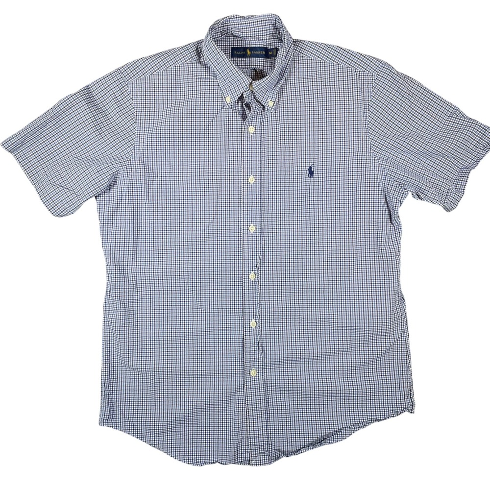 Polo Ralph Lauren Mens Short Sleeve Button Down Shirt Medium Blue Check Preppy